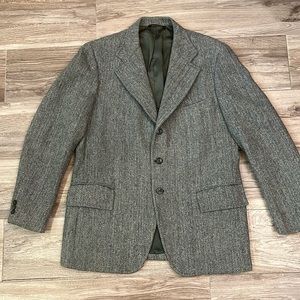 Harris Tweed Sports Coat, Men’s 46L, 3-Roll-2, Green/Cream Herringbone, EUC